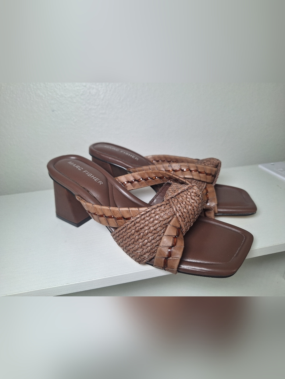 Marc Fisher Tan Braided Knot Block Heel Slides